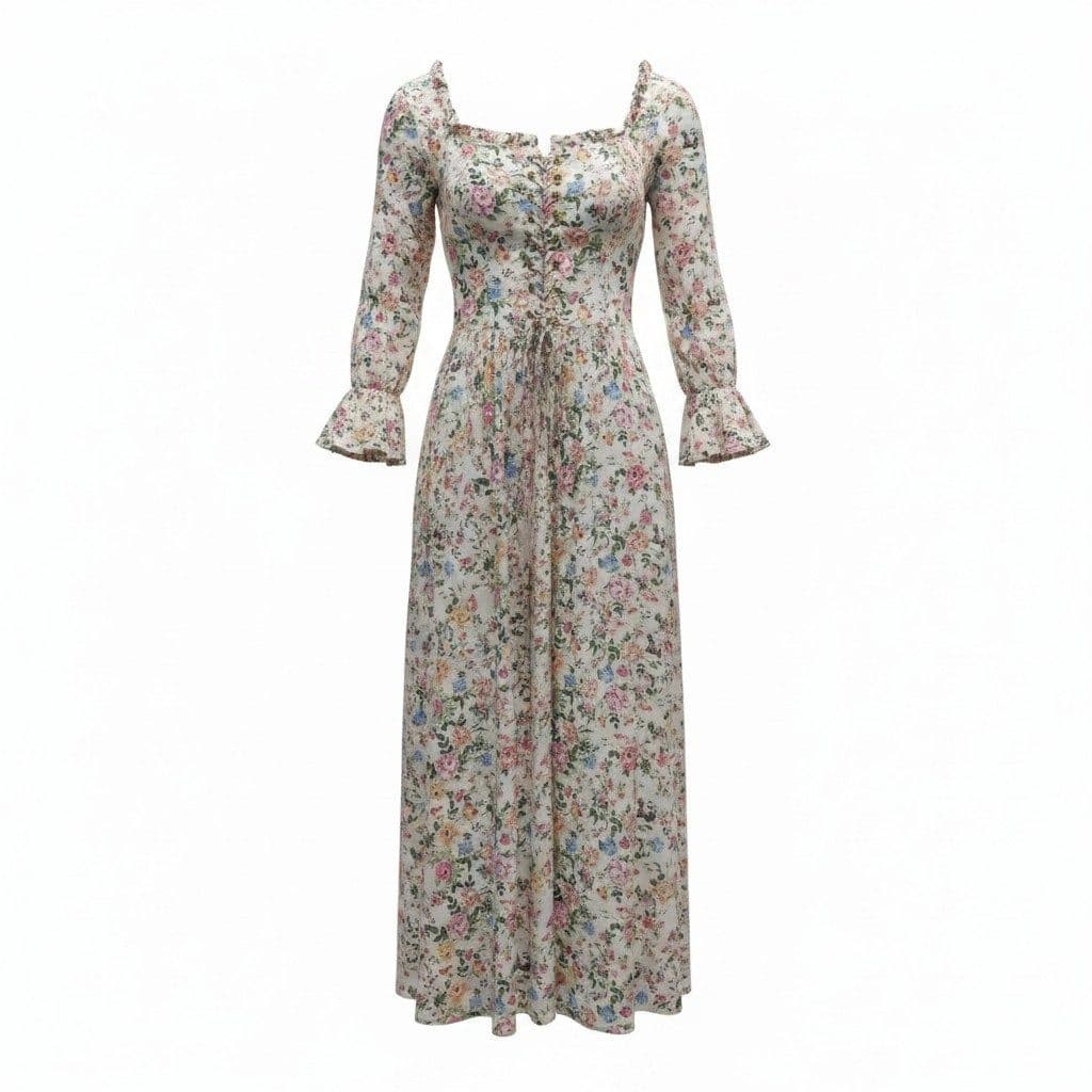Hermoso vestido Studio F largo con estampado floral en tonos pastel,